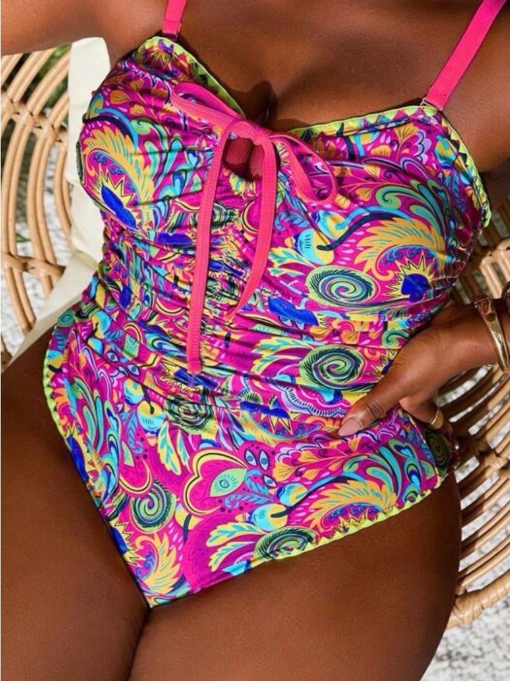 Vibrant Pink Paisley Tie-Front One-Piece Swimsuit